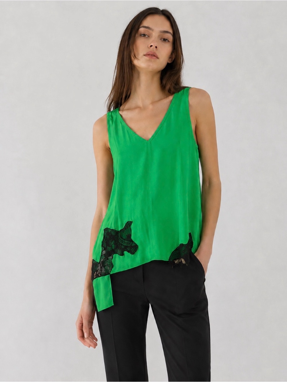 Helmut Lang XS Poison Green Satin Deconstructed Slip Top Black Lace NWT $345